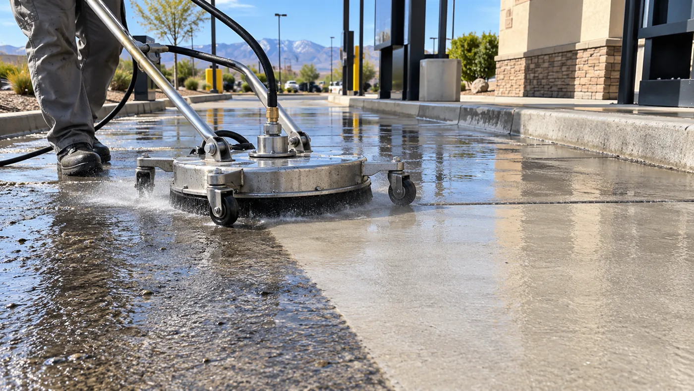 Illustrative photo of a surface cleaner washing concrete