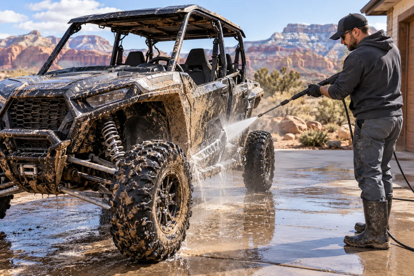 Illustrative photo of a side-by-side UTV being washed
