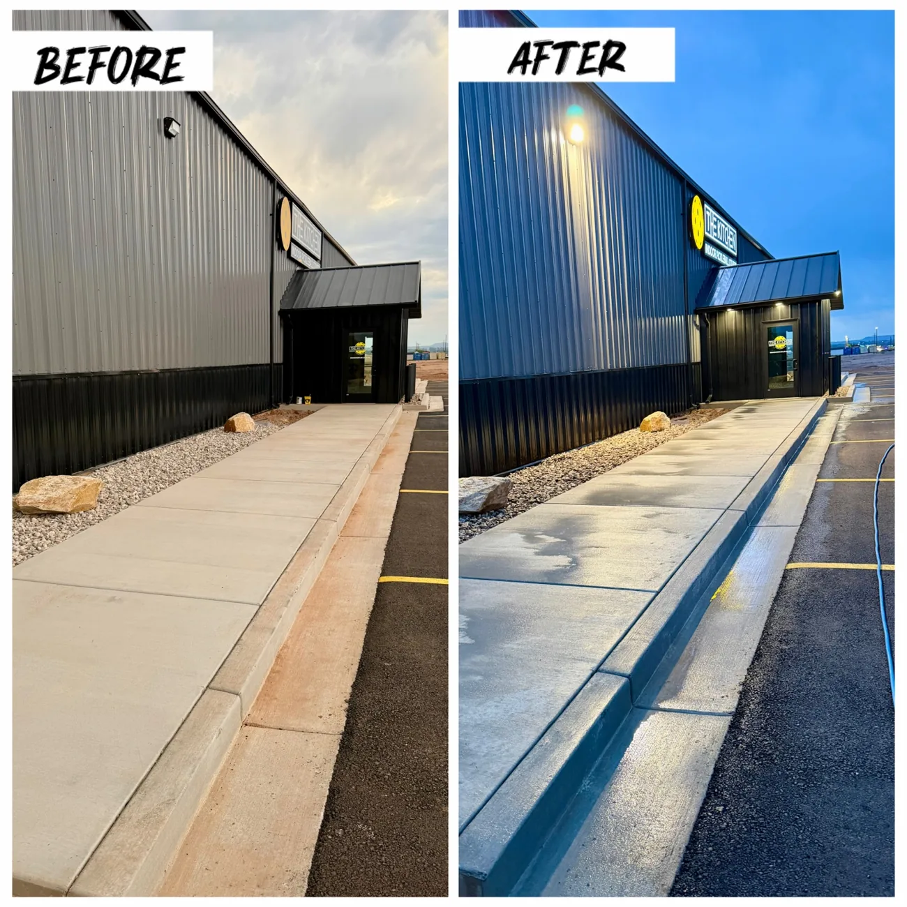 Before and after view of a cleaned commercial exterior and concrete