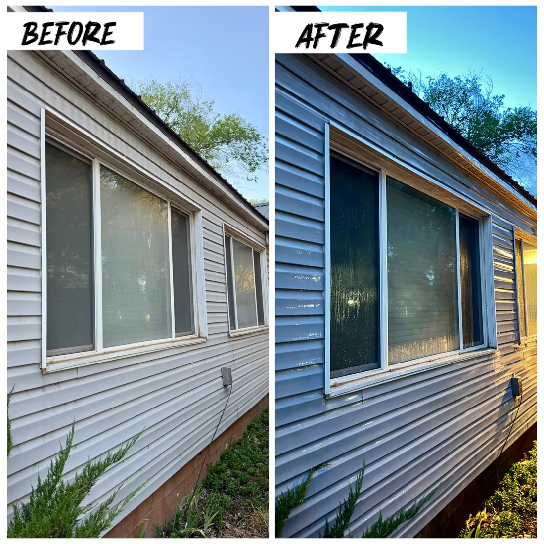 Before and after view of cleaned house siding