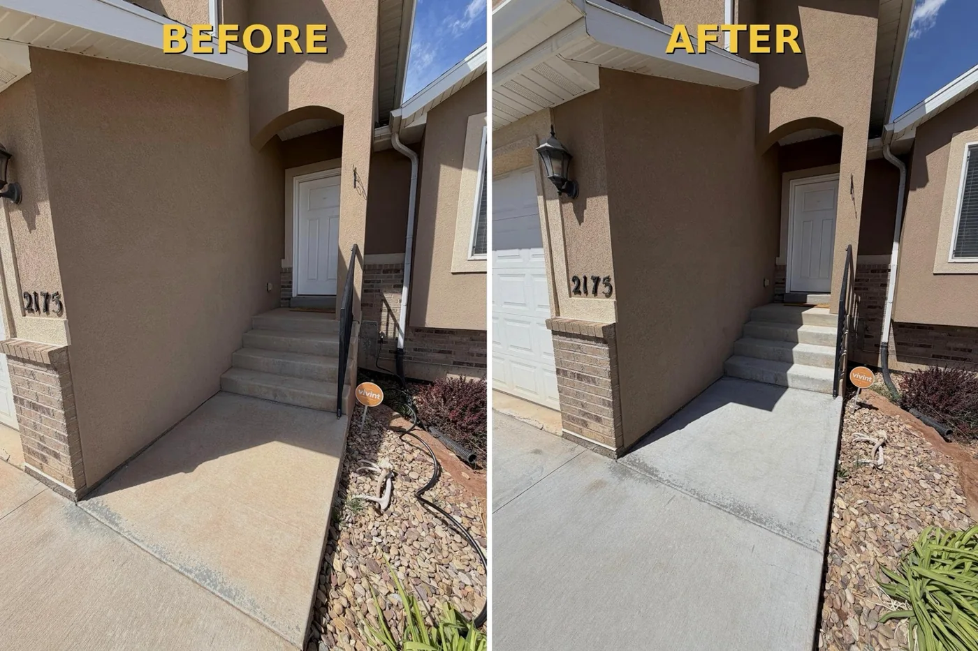 Before and after view of cleaned front entry concrete